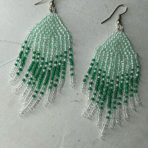Green & Clear Glass Beaded Fringe Earrings – Handmade Boho Statement